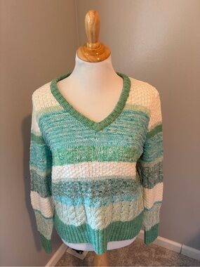 CAbi Green & Cream Striped Mix Stitch V-Neck Sweater #6170